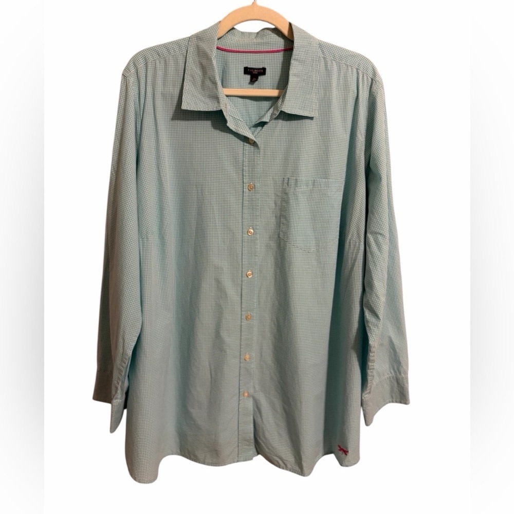 Talbots Woman 2X Button Up Shirt Long Roll Sleeve Teal Green White Check Cotton